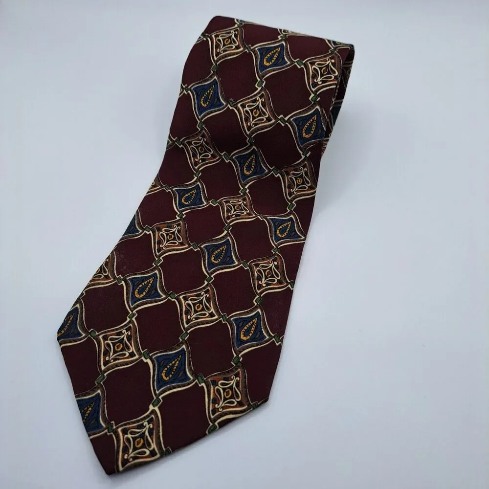 Vintage Chaps Ralph Lauren Tie Burgundy Multicolor Geometric 100% Silk USA‎